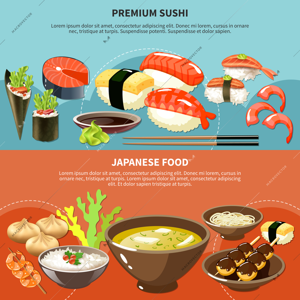 Two colored sushi colored banner set with premium sushi and Japanese food descriptions vector illustration