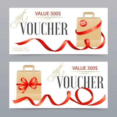 Two different value realistic vouchers decorated with red satin ribbons on luxury gift bags isolated vector illustration