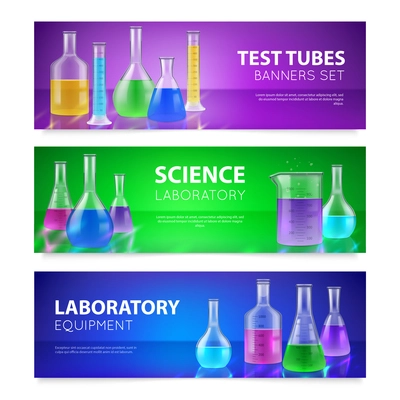 Realistic test-tubes retorts scientific chemical laboratory glassware equipment 3 horizontal colorful banners set isolated vector illustration