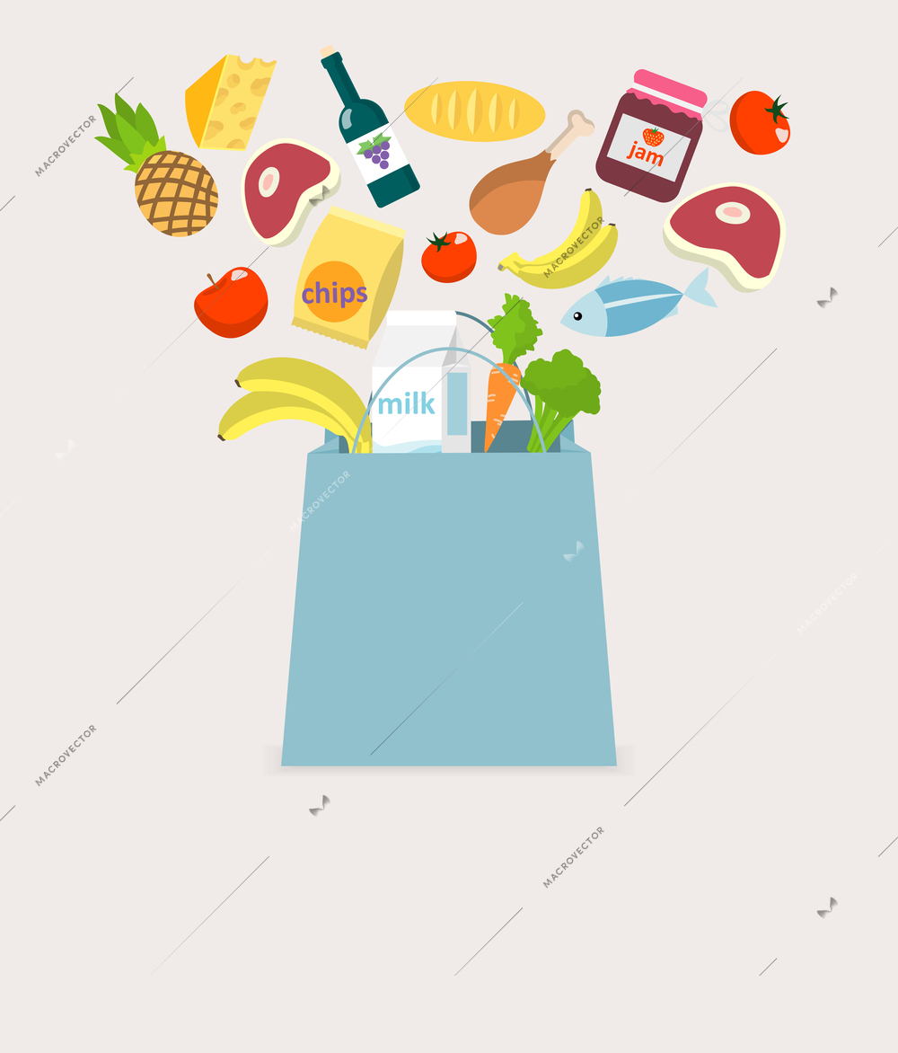 Food elements grocery items vegetables fruits fish and meat in shopping bag vector illustration