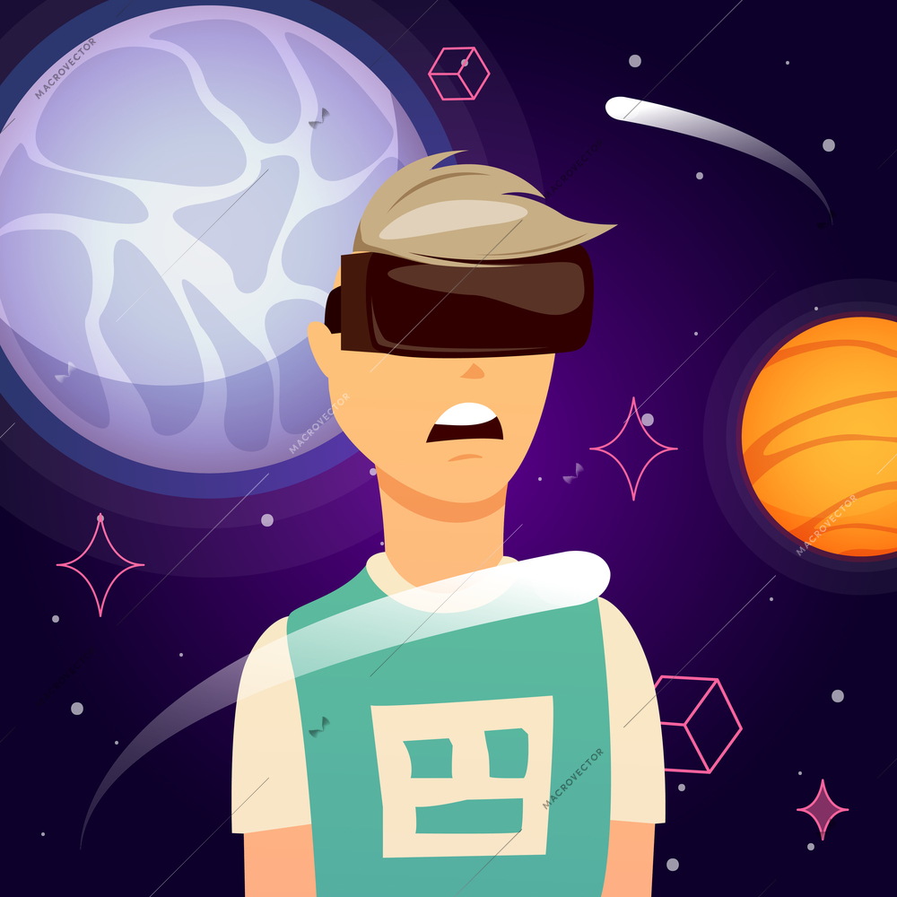 Man during outer space exploration in virtual reality orthogonal composition with planets on dark background vector illustration