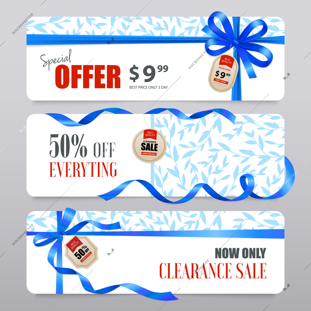 Clearance sale offers 3 horizontal realistic banners set with blue satin ribbon isolated vector illustration