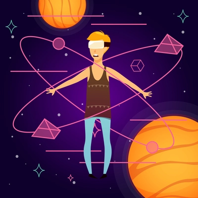 Orthogonal background with man in headset during perception of virtual space with geometric objects flat vector illustration