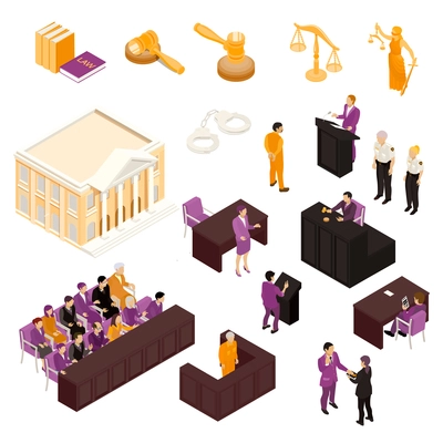 Law isometric icons collection with justice court building gavel judge witness defendant police officers isolated vector illustration