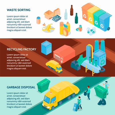 Garbage disposal waste sorting and recycling factory 3 horizontal isometric banners with infographic elements  isolated vector illustration