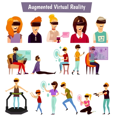 Augmented virtual reality flat orthogonal icons set with people in electronic glasses, interface elements isolated vector illustration