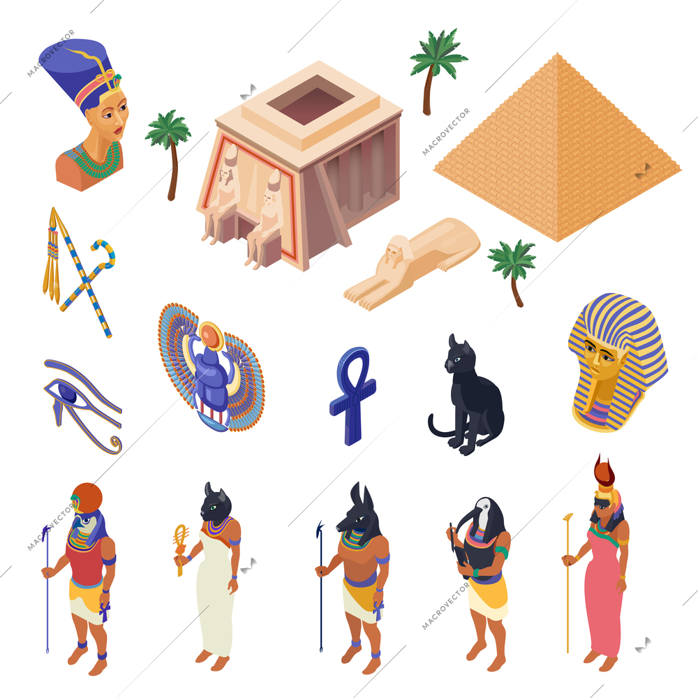Egypt cultural symbols landmarks and attractions isometric icons collection with pyramid ethnic native clothing isolated vector illustration