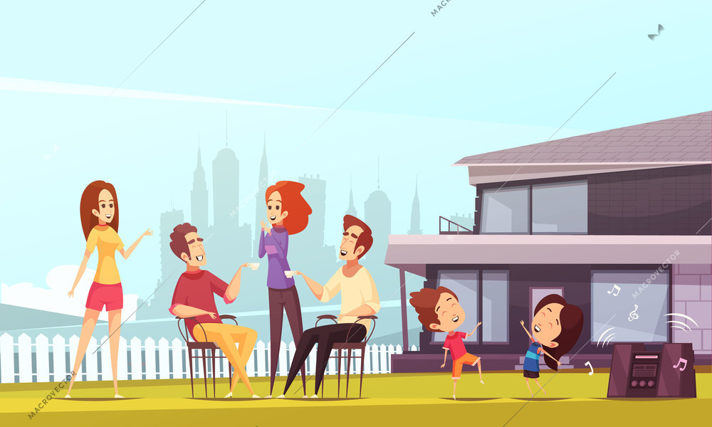 Neighbors party cartoon vector illustration with young happy families and their kids dancing on lawn near modern comfortable cottage