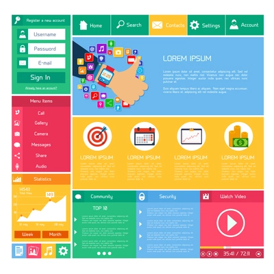 Flat website design template internet and applications layout elements vector illustration