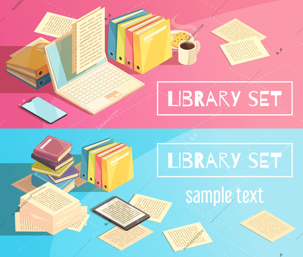 Library set isometric banners with books document folders cup of coffee and separated sheets with text on table vector illustration