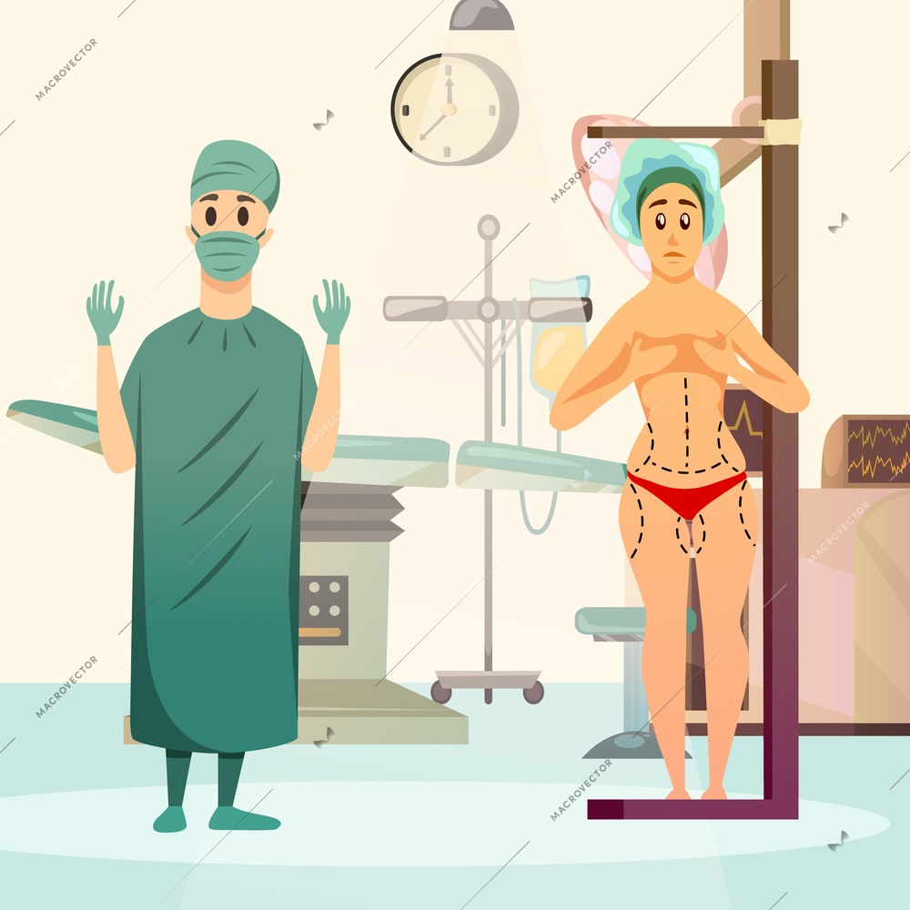 Orthogonal background with surgeon and naked woman with marks on body before plastic operation flat vector illustration