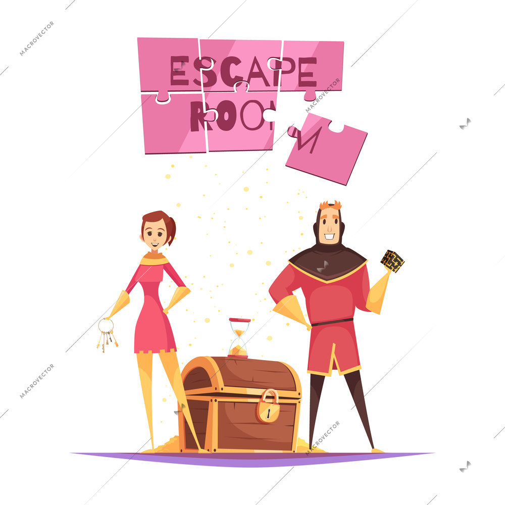 Reality quest design concept with young couple in theatrical costumes and treasure chest cartoon vector illustration