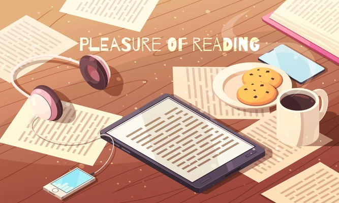 Pleasure of reading isometric vector illustration with electronic book smartphone headphones light breakfast and paper sheets with text