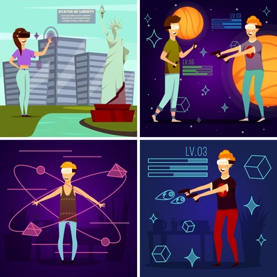 Virtual reality orthogonal flat design concept including people during education program and computer games isolated vector illustration