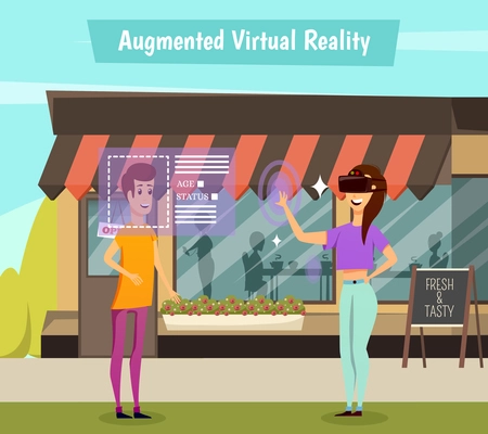 Girl in virtual reality headset during identification of young man, scene on cafe background orthogonal vector illustration