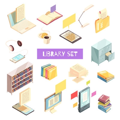 Library isometric set with book shelves locker for catalog gadgets headphones and reading lamp vector illustration