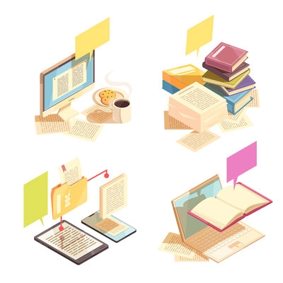 Library 2x2 design concept with stacks of paper books pc monitor with text page on screen electronic document management isometric icons vector illustration