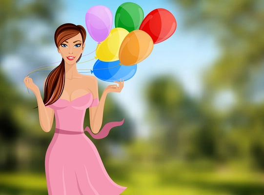 Young cheerful woman with colored balloons portrait on outdoor background vector illustration