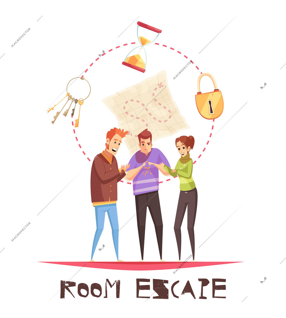 Room escape design concept with three adult gamers figurines and lock clock keys cartoon icons  vector illustration