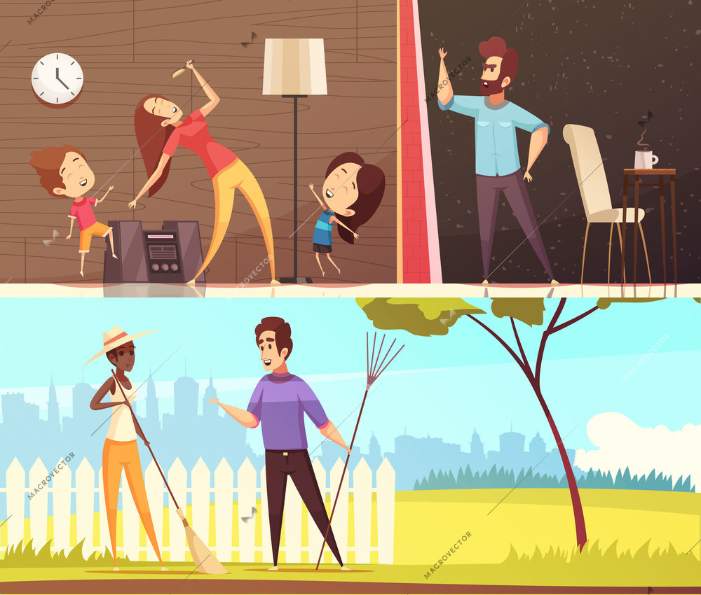 Neighbors talking near fence dancing to loud music and irritated for noise horizontal banners cartoon vector illustration