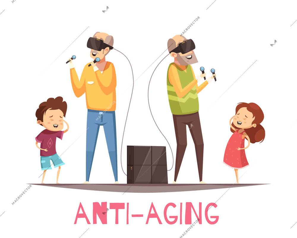 Anti aging design concept with two grandparents with virtual reality headset and their laughing grandchildren cartoon vector illustration