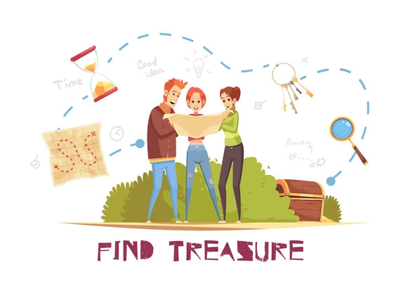 Find treasure cartoon vector illustration with game accessories and young people looking in map decorative icons