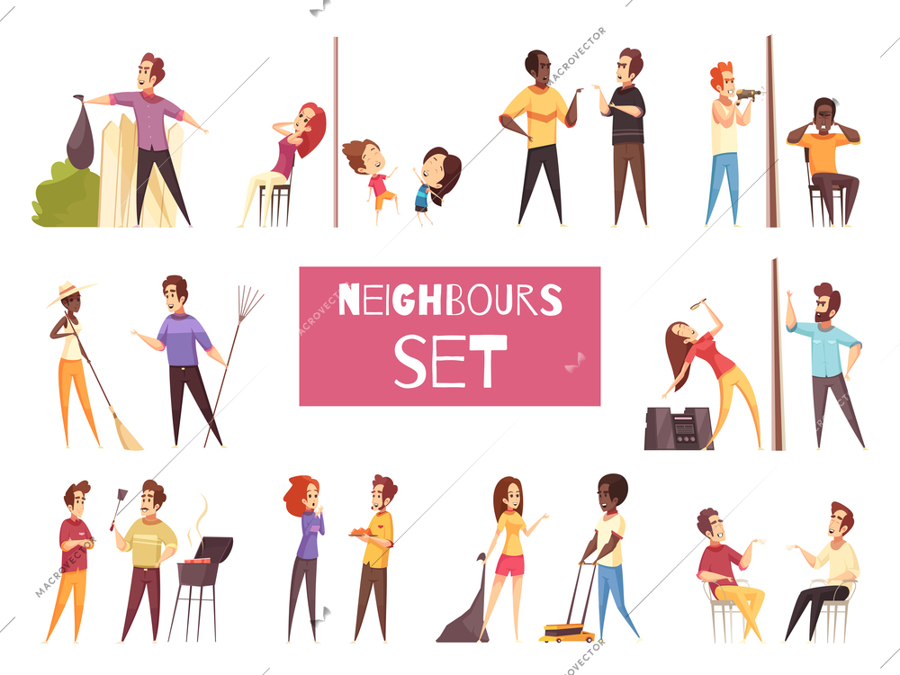 Neighbors cartoon set with friendship and quarrel between adult people living next to each other isolated vector illustration