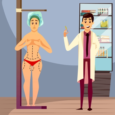 Aesthetic medicine orthogonal composition including doctor with syringe and naked woman with marks on body vector illustration