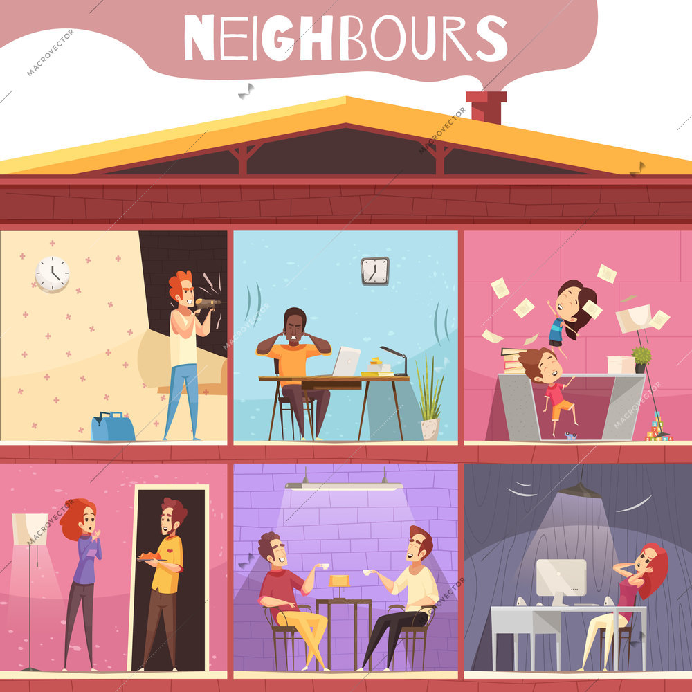 Neighbors living in multistoried city house and irritated because of noise and quarrel cartoon vector illustration