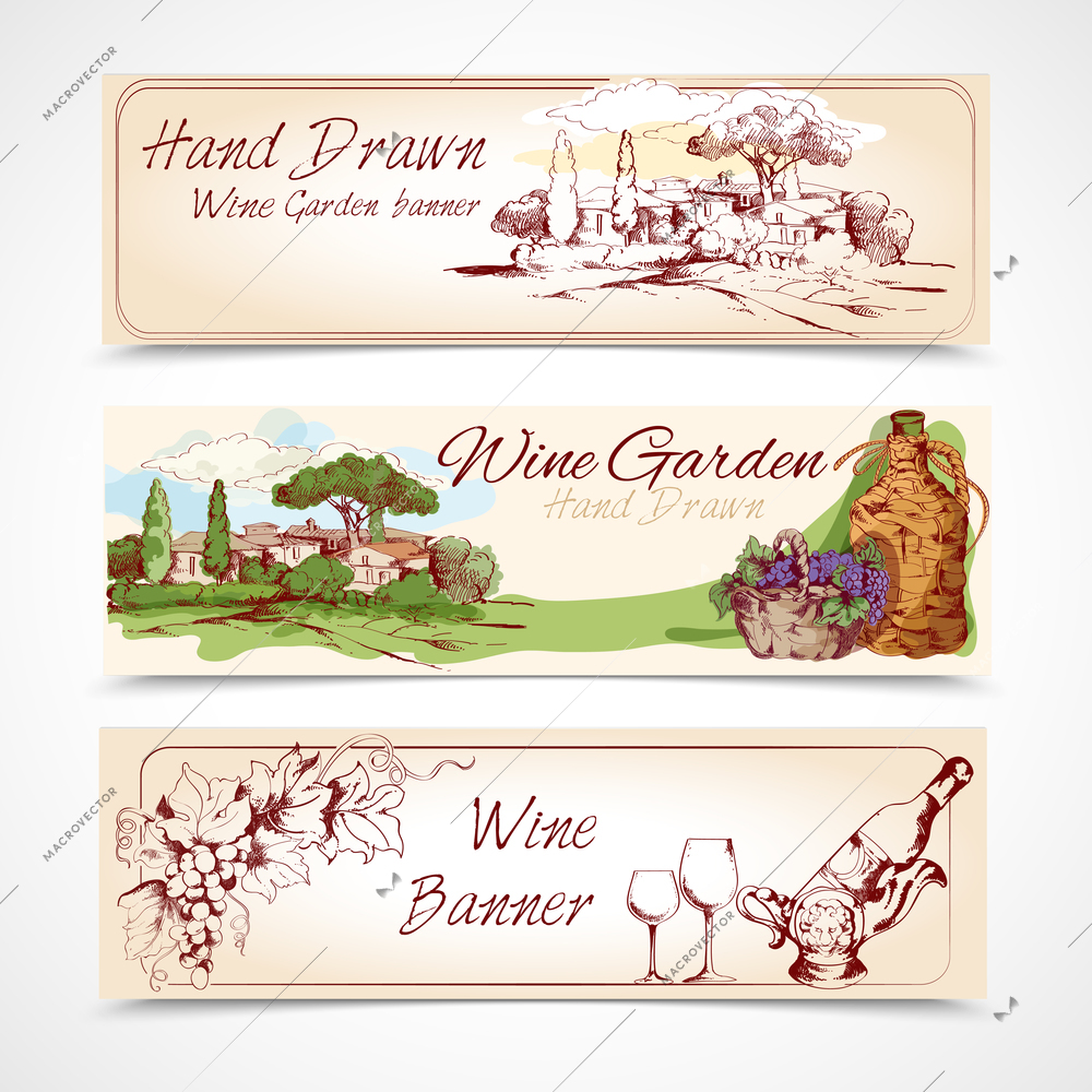 Hand drawn wine garden banner set with grape house bottle elements isolated vector illustration