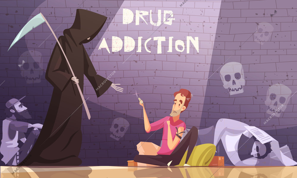 Drug addiction horizontal poster with group of addicts in dark hangout skulls and death symbols cartoon vector illustration