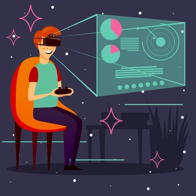 Man in virtual reality headset with control panel during computer game, dark background, orthogonal vector illustration