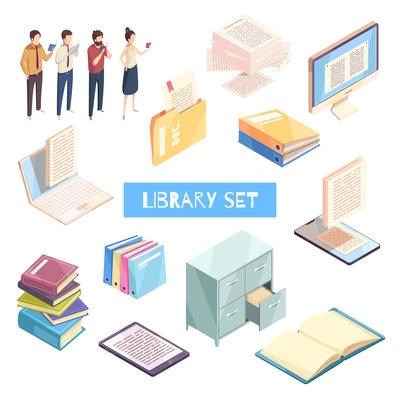 Reading isometric icons set of people holding in hands books and gadgets locker for library catalog laptop and pc monitor vector illustration