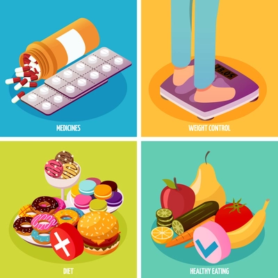 Diabetes monitoring isometric design concept with medicines, weight control, diet and healthy eating isolated vector illustration