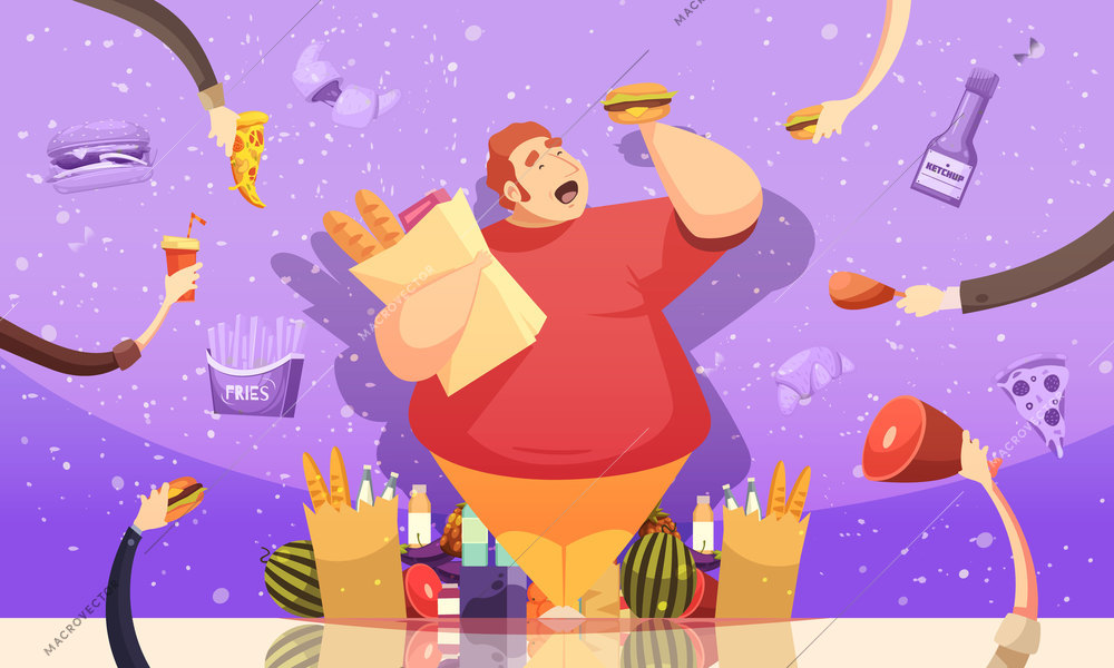 Gluttony leading to obesity cartoon poster with fat man holding hamburger and package of baked goods vector illustration