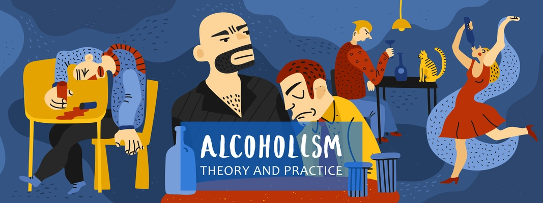 Alcohol addiction composition with theory and practice symbols flat vector illustration