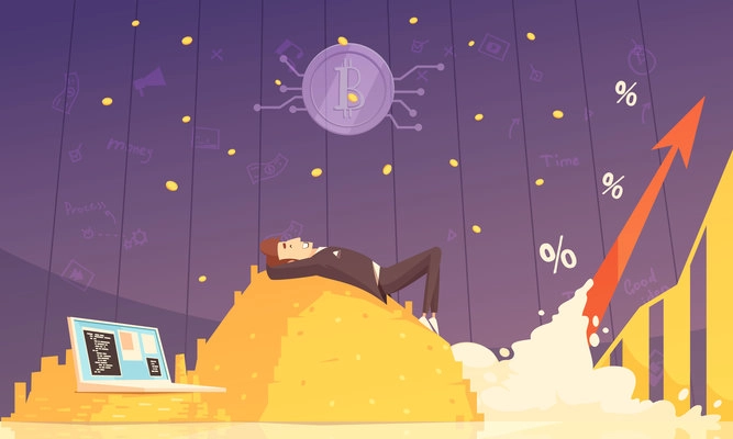 Cryptocurrency design composition with businessman lying on heap of bitcoins and dreaming of riches flat vector illustration