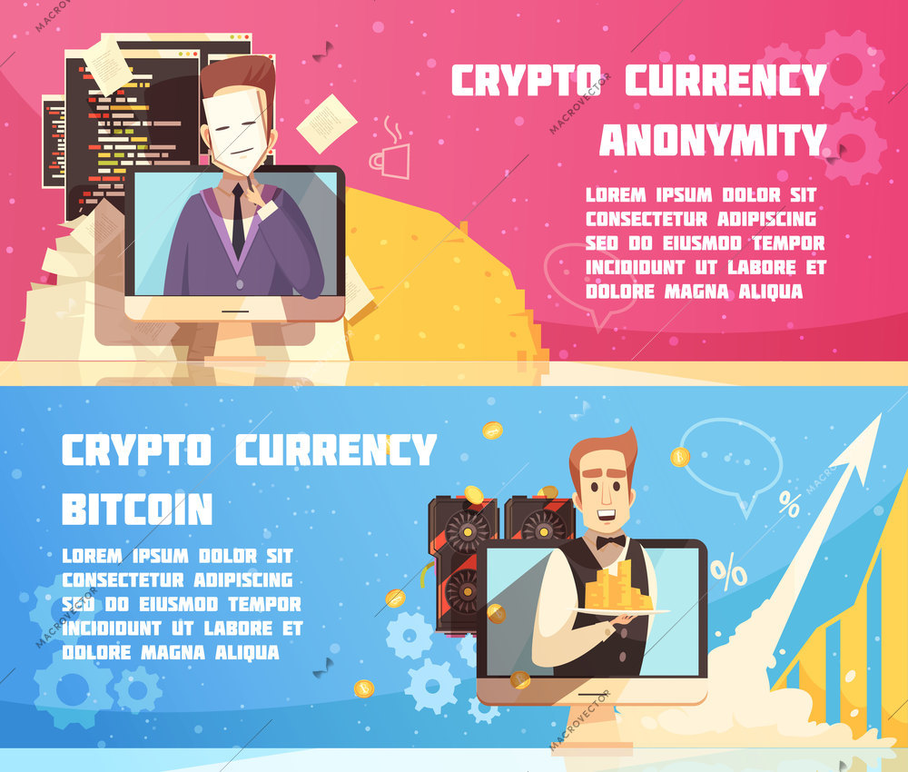 Cryptocurrency horizontal banners with anonymous proprietor of digital currency and equipment for bitcoin mining flat vector illustration