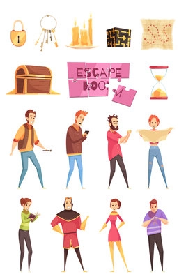 Cartoon decorative icons set for smart quest game in real life isolated vector illustration