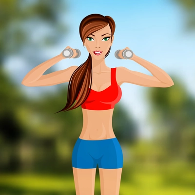 Young slim sport fitness woman with dumbbells portrait on outdoor background vector illustration