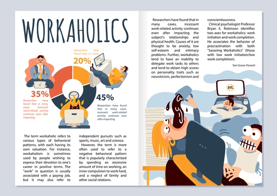 Workaholic magazine layout with office work symbols infographics flat vector illustration