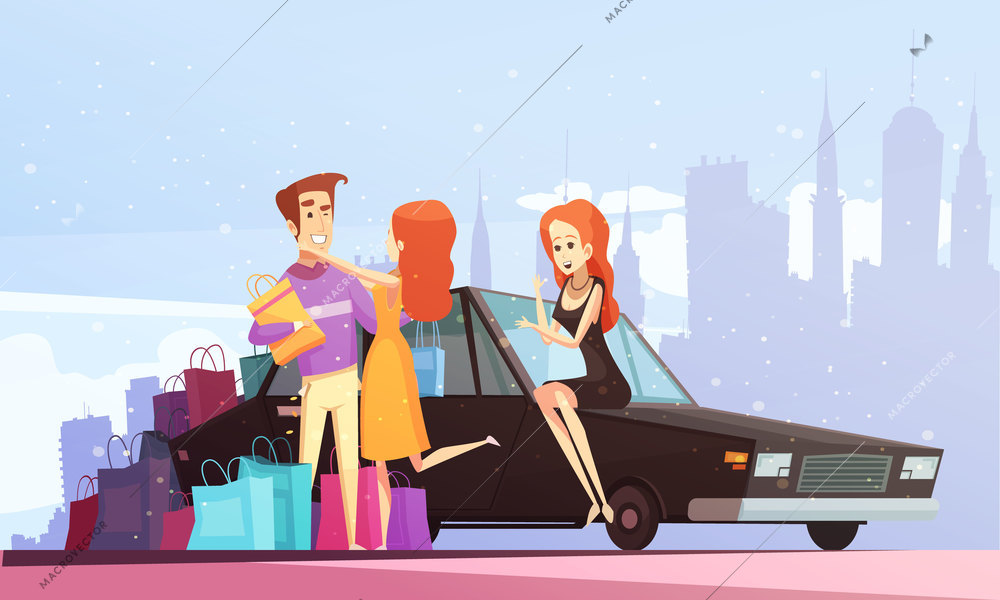 Shopping cartoon city background with man came with his car to meet happy young women with many purchases vector illustration