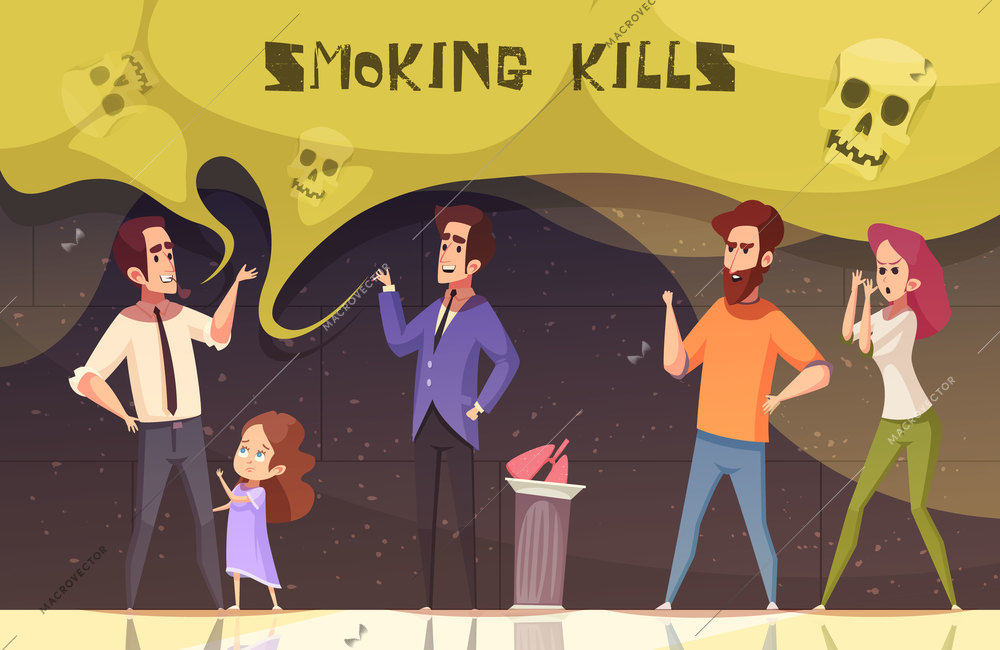 Smoking kills poster with male and female characters agitating smoker to quit smoking vector illustration