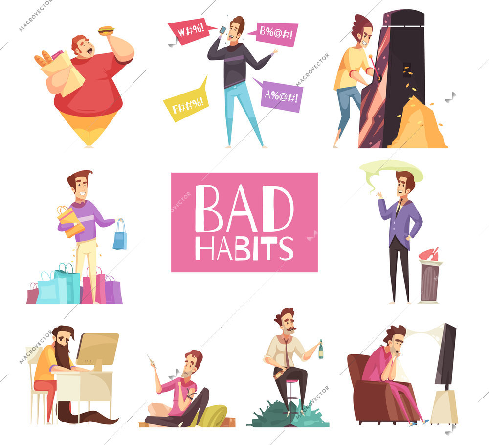 Bad habits set of alcoholism drug addiction smoking dependence of computer and video games shopping gluttony with obesity cartoon symbols vector illustration