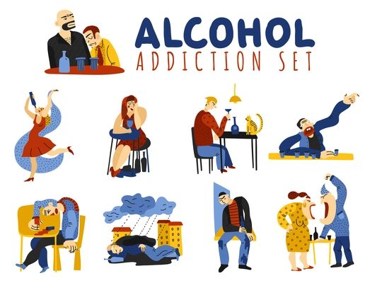 Alcohol addiction icons set with harm symbols flat isolated vector illustration