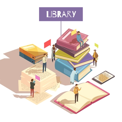 Library isometric vector illustration with mini figurines of communicating people sitting and standing on giant stacks of paper books