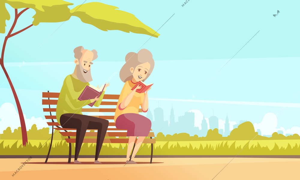 Old man and woman sitting on bench under tree in city park and reading books flat vector illustration