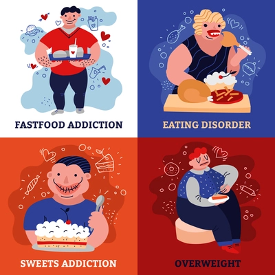 Addiction concept icons set with eating disorder symbols flat isolated vector illustration