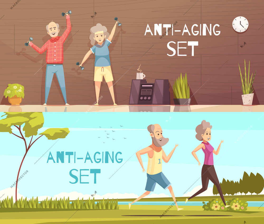 Longevity horizontal banners with two elderly couples busy in fitness and jogging cartoon vector illustration