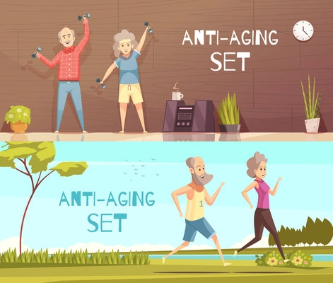 Longevity horizontal banners with two elderly couples busy in fitness and jogging cartoon vector illustration